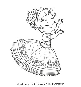 Cute princess dancing outlined for coloring book