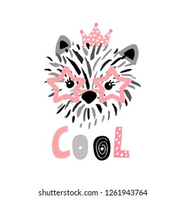 Cute princess dog in glasses ink drawn print. Perfect for t-shirt, apparel, cards, poster, nursery decoration. Vector Illustration