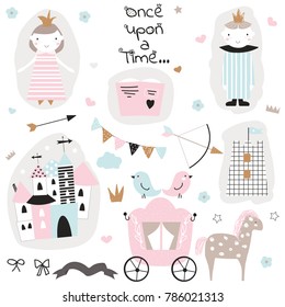 Cute princess doodle collection. Vector hand drawn illustration.