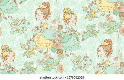 Cute princess and dragon.  Seamless pattern. Vector illustration. Suitable for fabric, wrapping paper and the like. Will be well to look in the design of children's room