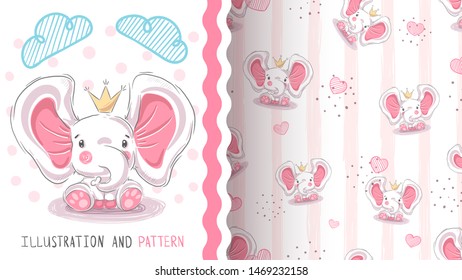 Cute princess elephant - seamless pattern. Hand draw