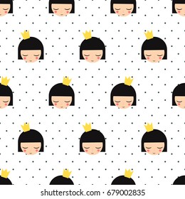 Cute princess face seamless pattern on polka dots background. Trendy girl with crown design for textile, card, poster, print, decor, fabric.