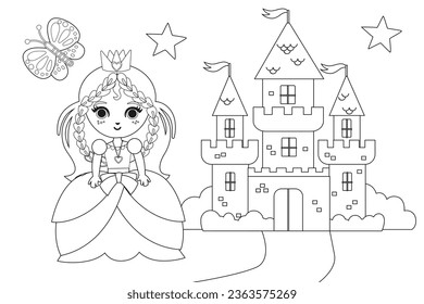 Cute princess fairy with castle and fairy land  Vector cartoon isolated fairytales illustration Coloring book page for kids