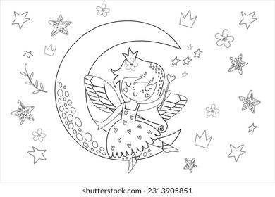 Cute princess fairy with a fairyland Vector cartoon isolated fairytale illustration. Coloring book page for children with colorful template