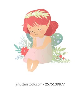 Cute princess fairy sitting with flowers. Vector illustration on white background