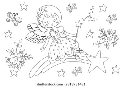 Cute princess fairy with a stars and flower Vector cartoon isolated fairytales illustration. Coloring book page for children with colorful template