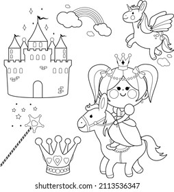 Cute princess fairy tale collection. Vector black and white coloring page.