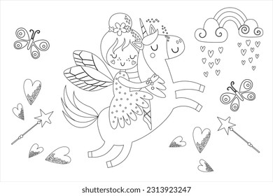 Cute princess fairy with a Unicorn Vector cartoon isolated fairytales illustration. Coloring book page for children with colorful template