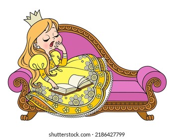 Cute princess falls asleep on the sofa with a book color variation for coloring book