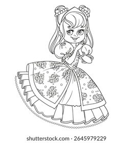 Cute princess in a fancy dress with roses looks at the viewer with affection outlined for coloring book on white background