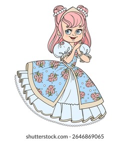 Cute princess in a fancy dress with roses looks at the viewer with affection on white background