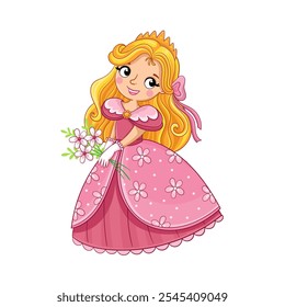 Linda princesa com uma flor na mão. Ilustração vetorial em estilo cartoon