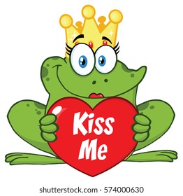 Cute Princess Frog Cartoon Mascot Character With Crown Holding A Love Heart With Text Kiss Me. Vector Illustration Isolated On White Background
