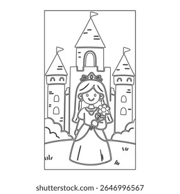 Cute Princess in Front of Fairy Tale Castle - Coloring Book Page for Kids