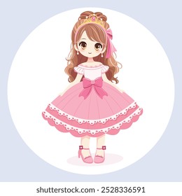 Cute princess girl with beautiful eyes in a pink dress and a crown. Vector illustration in flat cartoon style