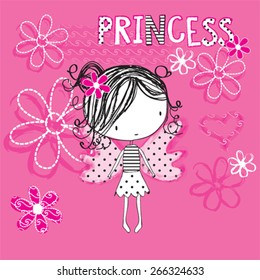 cute princess girl, butterfly girl, T-shirt design vector illustration