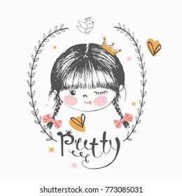 cute  princess girl with crown.Cartoon hand drawn vector illustration. Can be used for baby t-shirt print, fashion print design, kids wear, baby shower celebration greeting and invitation card.