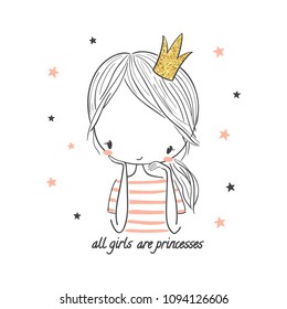 Cute princess girl. Fashion illustration for kids clothing. Use for print design, surface design, fashion  wear