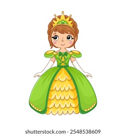 Linda princesa o niña en un vestido verde. Ilustración vectorial en estilo de dibujos animados.