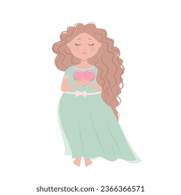 Cute princess girl holding a heart in the hands of fairy-tale characters. Flat cartoon vector illustration.