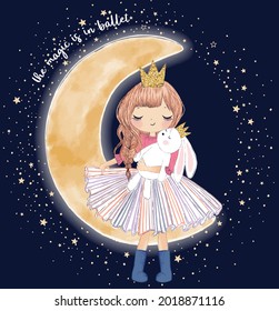 Una princesa y un conejo en la luna. Ilustración vectorial dibujada a mano.