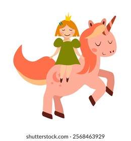 Cute princess girl sitting riding a unicorn.  Fairy tale unicorn in flat style. Vector illustration isolated for greeting card, poster, print, textile, children books, wallpaper