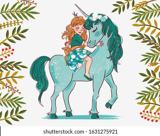 Cute princess girl with unicorn