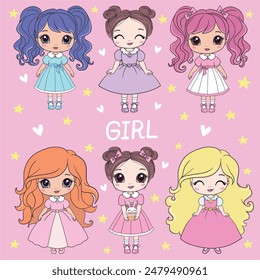 Lindas chicas princesas en un vestido con una corona. Vector conjunto de ilustraciones de princesas. Colección de Vector femenino. Obras de arte para niños, Fondos de pantalla, carteles, tarjetas de felicitación.