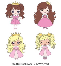 Cute princess girls in a dress with a crown. Vector set of illustrations of princesses. Girly vector collection. Children artworks, wallpapers, posters, greeting cards prints.