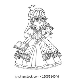 Cute princess in glasses with a pen and diary for records outlined picture for coloring book on white background
