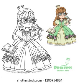 Cute princess in glasses with a pen and diary for records color and outlined picture for coloring book on white background