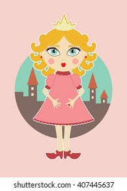 Cute princess with golden curls in a pink dress against the backdrop of the castle. Eps10 vector illustration.