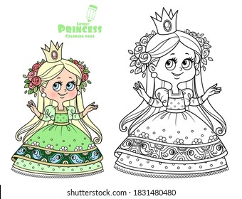 Cute princess in green dress with roses wreath outlined and color for coloring book