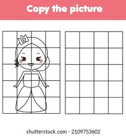 Hermosa princesa. Hoja de trabajo de copia de cuadrícula. juego de niños educacionales. Actividad de dibujo imprimible para niños y niños.