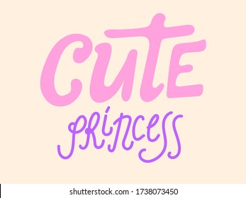 Cute Princess hand sketched text on yellow background. T-shirt label. Kids badge, tag, icon. Lettering card for celebration. Hand-drawn cute typography. Vector.