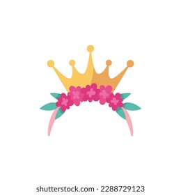 Cute princess headband with crown and floral wreath, cartoon flat vector illustration isolated on white background. Kids birthday party costume accessory. Pink flowers and golden crown.