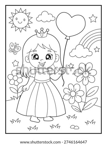 Cute Princess Holding Heart Balloon Coloring Page for Kids. Happy Royal Girl Character in Flower Garden with Rainbow Outline