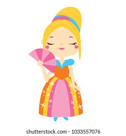 Cute princess holding tan. Girl in queen costume. Cartoon style vector illustration, clip art