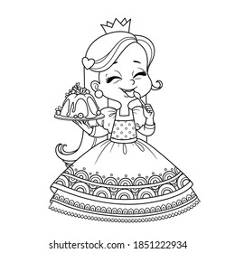 Cute princess holds a cupcake in hand and licks spoon outlined  for coloring book