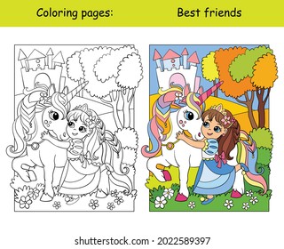 Cute princess hugs with a unicorn. Coloring book page for children with colorful template. Vector cartoon isolated illustration. For coloring book, education, print, game, decor, puzzle, design
