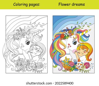 Cute princess hugs with unicorn with flowers. Coloring book page for children with colorful template. Vector cartoon illustration. For coloring book, education, print, game, decor, puzzle, design