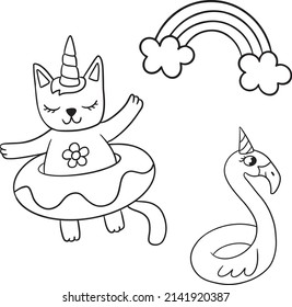 Cute princess hugs with a unicorn. Vector cartoon isolated illustration. Coloring book page for children with colorful template. 