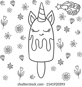 Cute princess hugs with a unicorn. Vector cartoon isolated illustration. Coloring book page for children with colorful template. 