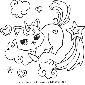 Cute princess hugs with a unicorn. Vector cartoon isolated illustration. Coloring book page for children with colorful template. 