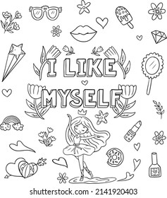 Cute princess hugs with a unicorn. Vector cartoon isolated illustration. Coloring book page for children with colorful template. 