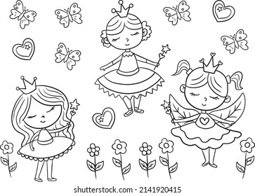 Cute princess hugs with a unicorn. Vector cartoon isolated illustration. Coloring book page for children with colorful template. 