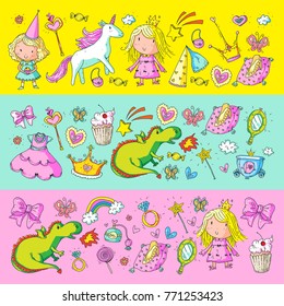 Cute princess Icons set with unicorn, dragon Girl wallpaper Baby shower Invitation Kindergarten, preschool, nursery, birthday, school party