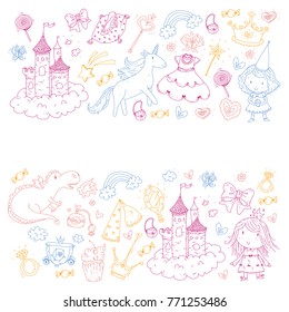 Cute princess Icons set with unicorn, dragon Girl wallpaper Baby shower Invitation Kindergarten, preschool, nursery, birthday, school party