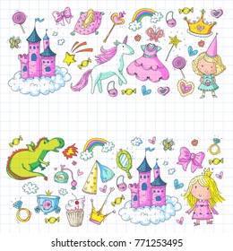 Cute princess Icons set with unicorn, dragon Girl wallpaper Baby shower Invitation Kindergarten, preschool, nursery, birthday, school party