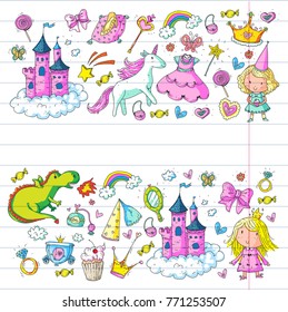 Cute princess Icons set with unicorn, dragon Girl wallpaper Baby shower Invitation Kindergarten, preschool, nursery, birthday, school party
